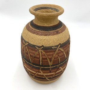 Vintage Stoneware Vase Brown Black Rustic Etched Decorative Collectible, Signed
